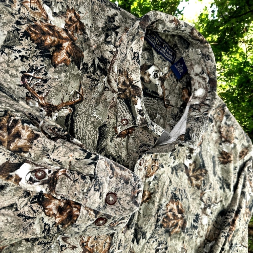 Vintage‎ Pacific Crest Shirt Men XL Elk Deer All Over Print Camo Hunting Canvass